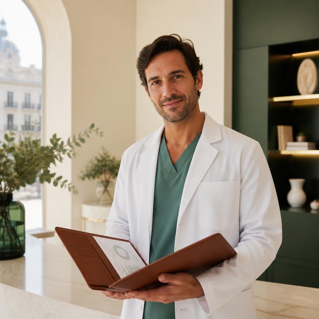 Médico de Nexo Guardián revisando el dossier de salud preventiva de un paciente